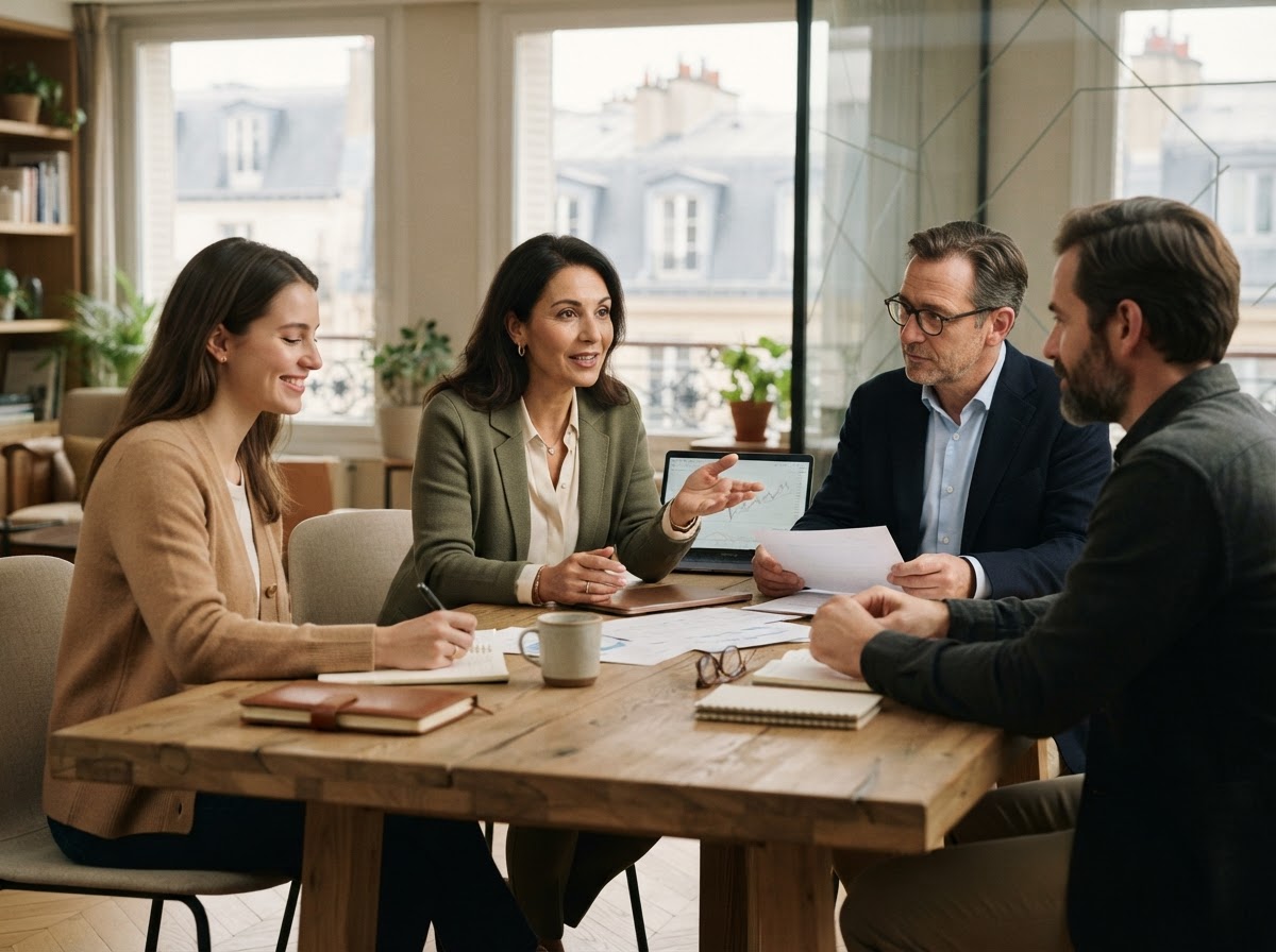 Patrimoine Quantique — équipe d'analystes examinant des tableaux de données financières